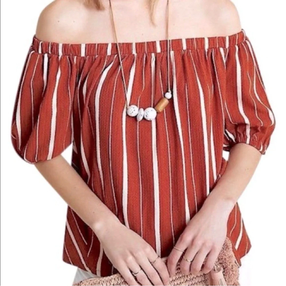 Anthropologie Rust and White Striped Off-Shoulder Top